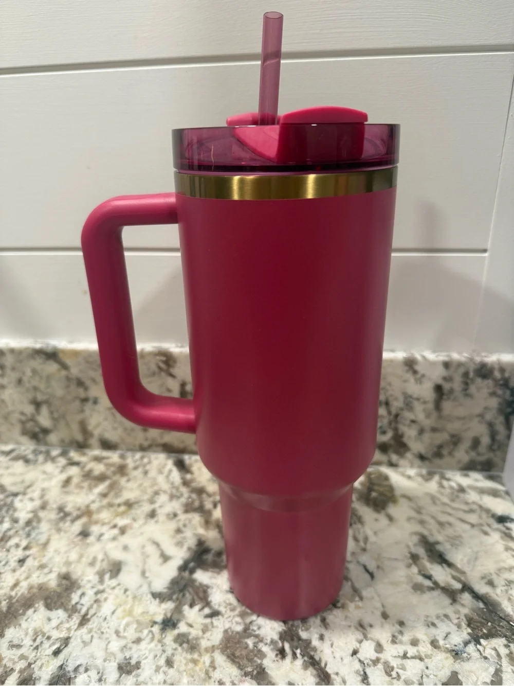 Stanley Pink Travel Mug with Handle and Gold Accents - Picture 3 of 4